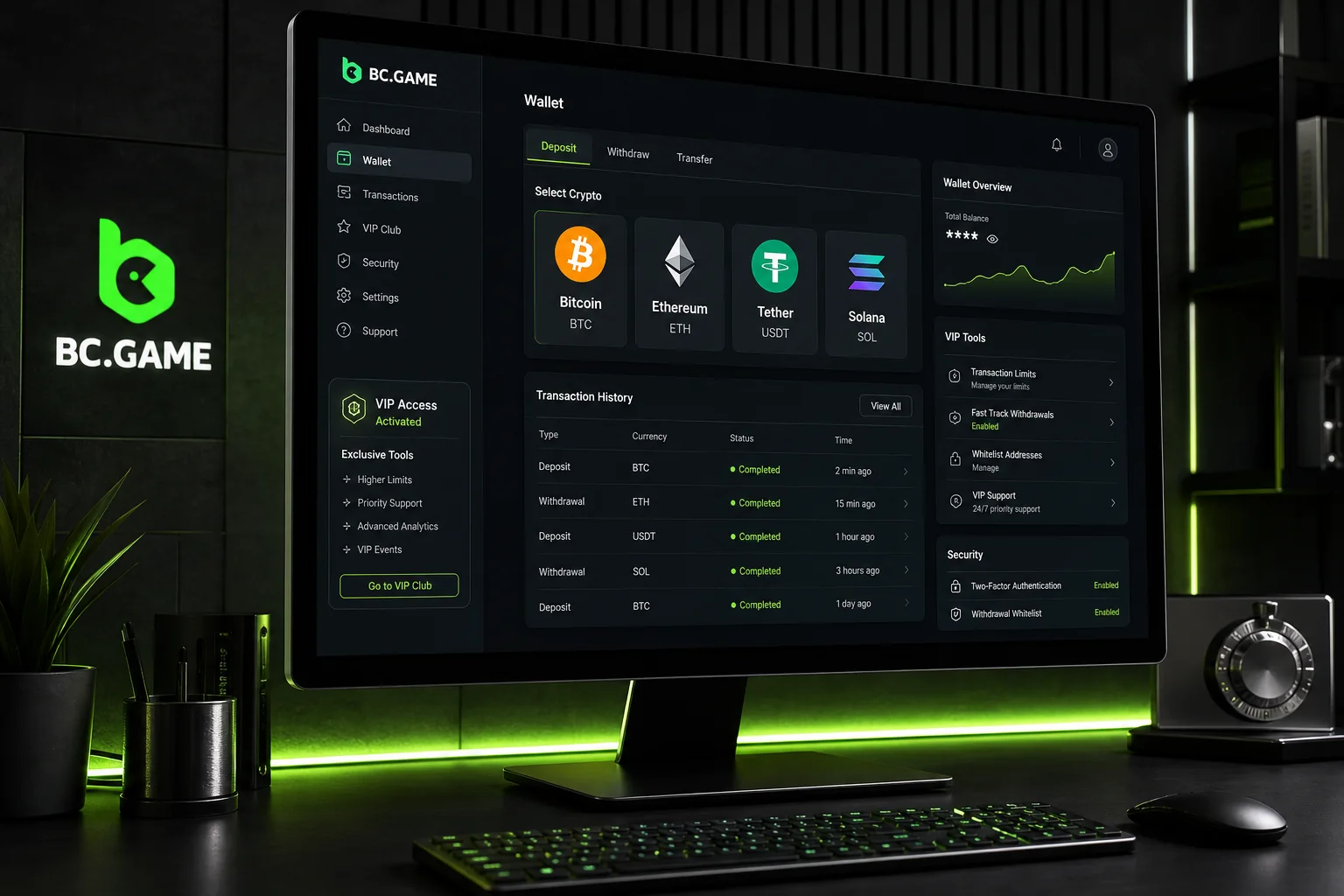 BC.Game account and platform controls shown in a dark product interface
